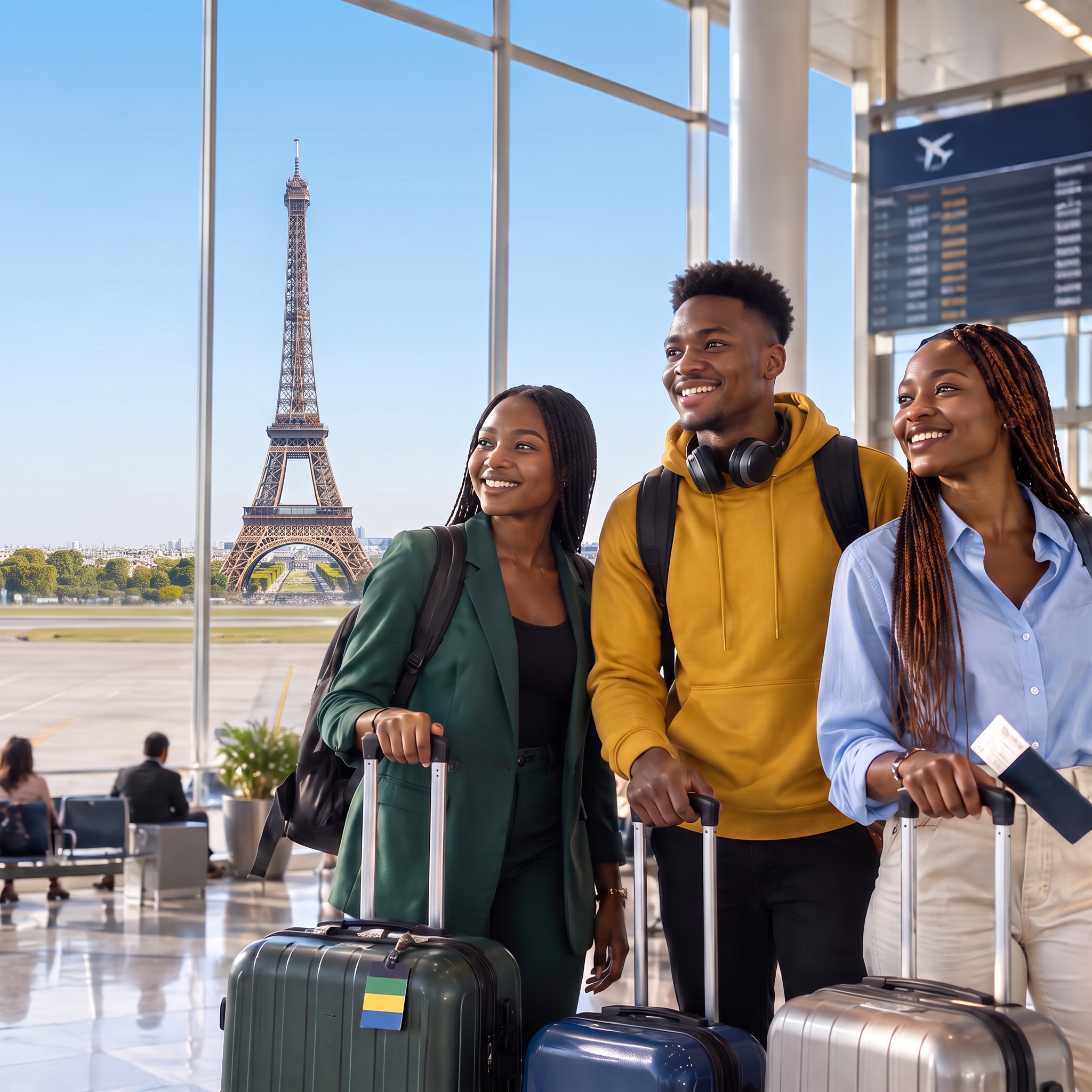 Trois jeunes étudiants gabonais avec leurs valises dans un aéroport, prêts à partir en France